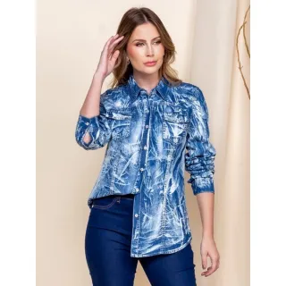 Camisa feminina manchada jeans com botão na manga - modelo 3011 - Azul Claro