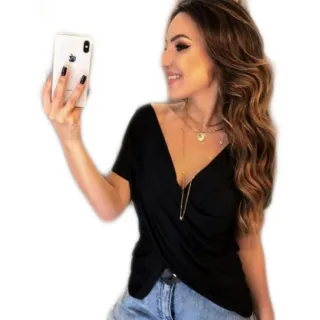 Moda Feminina Blusa Cruzada Decotada Manga Curta Transpassada - Fúcsia