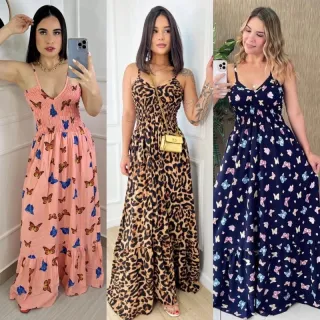 Viscolinho decote V Alcinha Elastex Vestido Longo Tamanho único até 44 - Verde