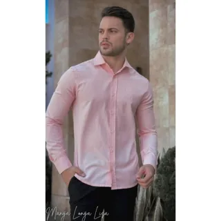 Camisa masculina manga longa slim fit algodão - pronta entrega - Vermelha