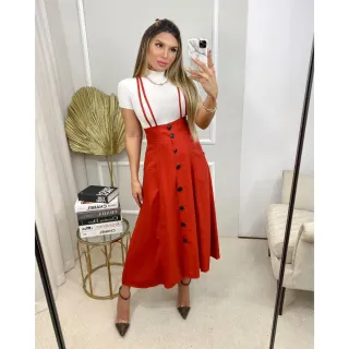 Saia com suspensório midi YY8215 - Botões, bolsos e reguláveis - Verde