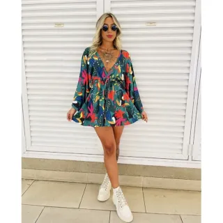 Moda blogueira: Macaquinho feminino estampado manga longa tucano abacaxi - 01