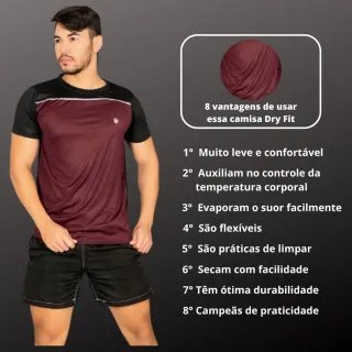Roupa Masculina Dry Fit Kit 3 Camisas - Academia, Esportes e Casual - Preto/Vinho/Verde