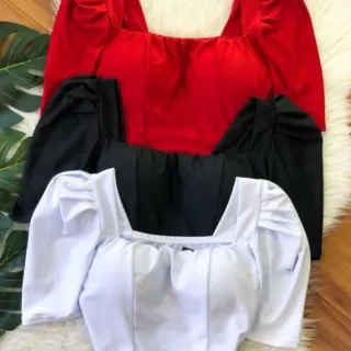 Blusa feminina manga curta bufante poliéster - Cropped blogueira - M