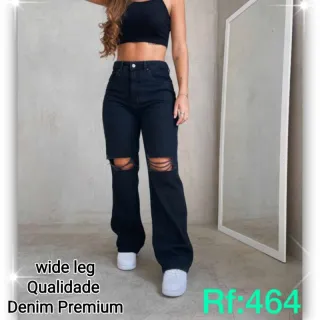 Wide leg pantalona jeans feminina - Cintura alta - Calça escura