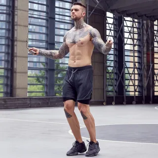 Calças Curtas Esportivas Ginásio Fitness Homens 2 Em 1 Seluar Pendek Sukan Lelaki - Caqui