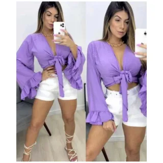 Roupa Feminina Cropped Blusa Manga Flare Babado - Fúcsia