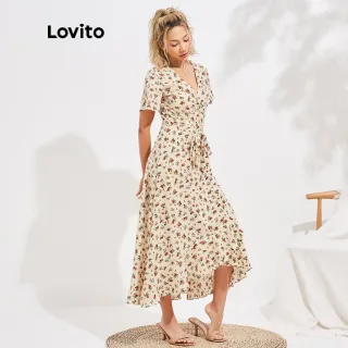 Vestido Vintage Estampa Floral Amarração Manga Bufante Lovito L16D045 (Bege) - Série Bege (Básico Cor)