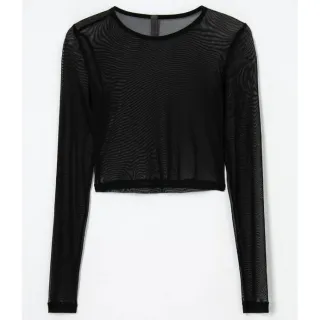 Manga Longa Cropped Preto em Tule Liso