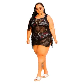 Plus Size Tricot Aberta Praia Detalhe Lateral - Azul