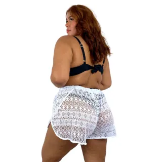 Shorts Plus Size Feminino em Renda Arrastão Preta e Branca - Tam 46 ao 60 - Branco