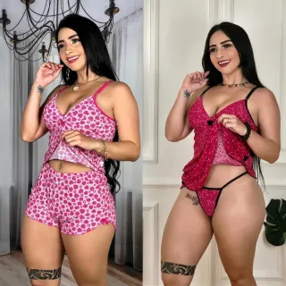 Camisola Feminina Sensual Kit 2 com Calcinha Fio/Short Doll - Raryel - 03