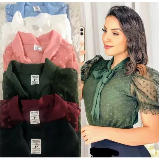 Blusa feminina social de tully com laço no pescoço e manga curta - Rosa