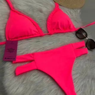 Calcinha Biquíni Hot Pant Cintura Alta Trançado Com Bojo Faixas - Calica moda praia - Rosa Escuro