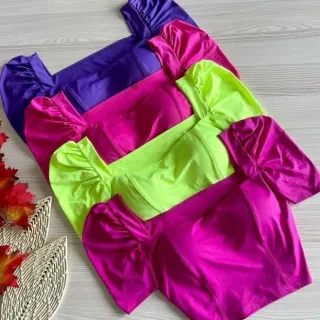 Feminino manga curta bufante blusa cropped reto - P