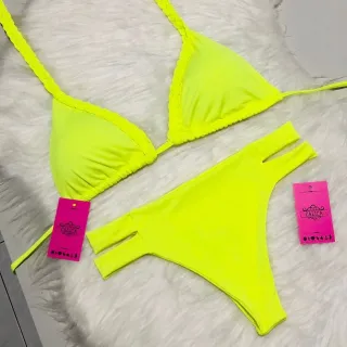 Calcinha Biquíni Hot Pant Cintura Alta Trançado Com Bojo Faixas - Calica moda praia - Rosa Escuro