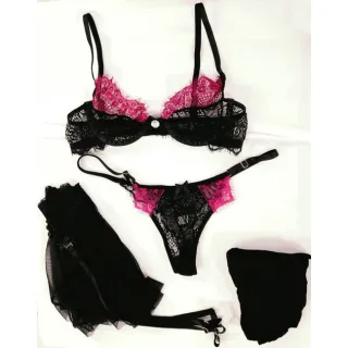 Renda Neon Conjunto Lingerie, Meia 7/8 e Saia Sexy de Liga Removíveis - PRETO C/ VERDE PAVÃO
