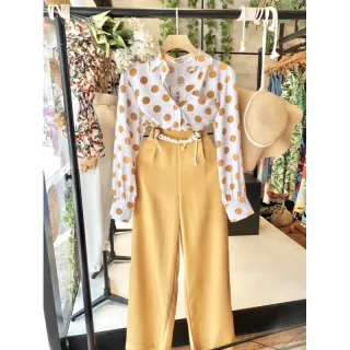 Moda feminina: camisa social estampada de poá manga longa - Preto com Verde