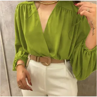 Blusa Solta Manga Longa Cropped Feminina Decote Bufante - Azul-Royal