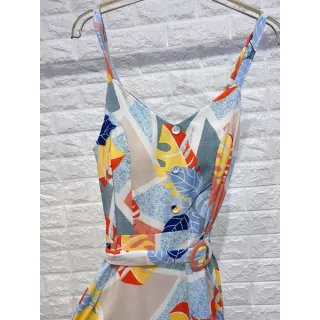 Lançamento primavera verão 2020-27: Vestido longo feminino estampado com bojo - 2020-09 Azul