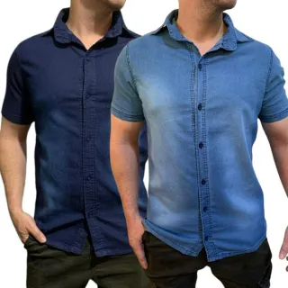 Botões Camisa Manga Curta Social Jeans Masculina - JEANS AZUL CLARO