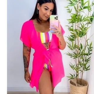 Kimono Levinho Saída de Praia Cover Up - Laranja neon