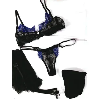 Renda Neon Conjunto Lingerie, Meia 7/8 e Saia Sexy de Liga Removíveis - PRETO C/ VERDE PAVÃO