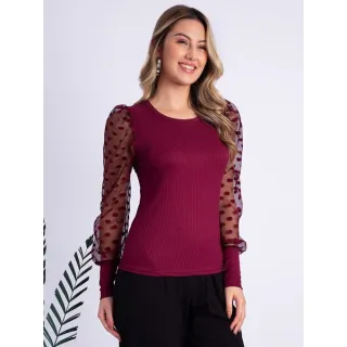 Blusinha Feminina Manga Longa Tule Canelada - Moda Inverno Blogueira - Pink