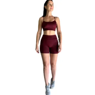 Empina Bumbum Conjunto Shorts Top Cirrê 3D Fitness Academia Corrida Ciclismo - Terracota
