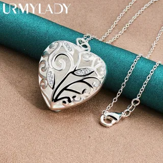 Corrente de colar feminino Prata 925 Pingente de Coração Oco 16-30 Polegadas - Corrente de cobra