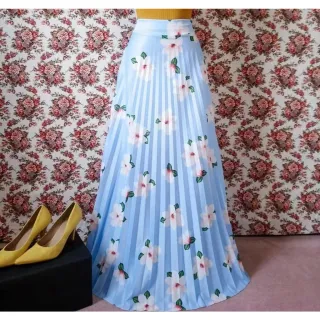 Floral Plissada Saia Longa Evangélica - Código 005 - Verde água