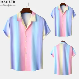 Camiseta Slim Fit Listrada Gradiente Gola Manga Curta Abotoar - Verão Havaiano Casual