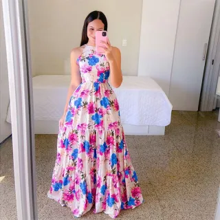 Moda Feminina: Vestido Longo Estampado Lastex Lola - Vermelho