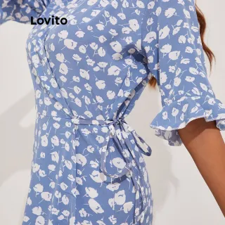 Vestido Boho Francês Ditsy Floral Lovito com Babado e Renda (Azul Claro) - Azul Claro