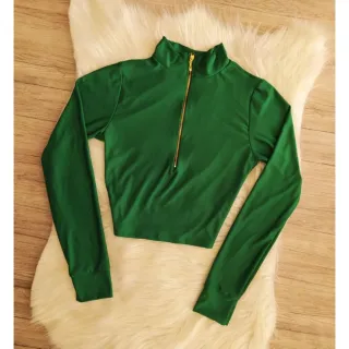 Blusa Manga Longa Cropped com Gola Alta e Zíper - Inverno - Fúcsia