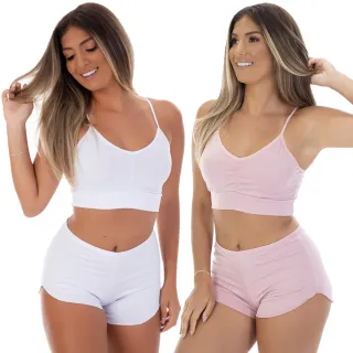 Moda Feminina Pijama Kit 2 Top Doll Microfibra sem Bojo - Promoção - Branco / Rosê