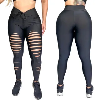 Legging Preta Rasgada + Top Fitness Cós Alto - Conjunto Academia - P