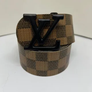 Couro Xadrez Dupla Face Cinto Masculino - Ouro Escovado - Marrom