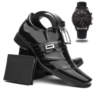 Relógio de Ponteiro + Cinto + Carteira + Sapato Social Masculino Verniz - 427,Vinho Calçar