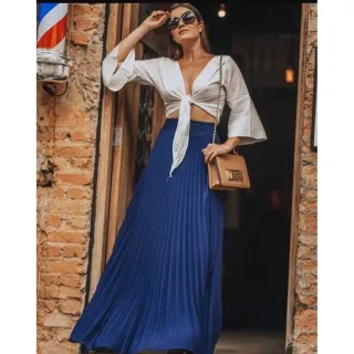 Saia Longa Evangelica Plissada Cintura Alta Gode Rodada Forro Luxo - Verde