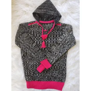 Promoção: Suéter Tricô Inverno Manga Longa Blusa Trico com Capuz Feminina - Pink/Azul Claro