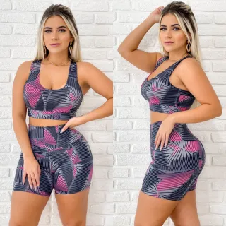 Conjunto Fitness Estampado Short com Top - Roupa de Academia - P