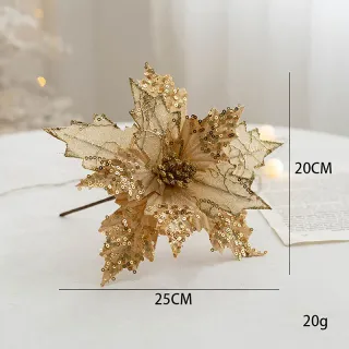 Decorações de Natal Glitter Flores Artificiais Falsas - Enfeites para Árvore Feliz - red gold_14cm