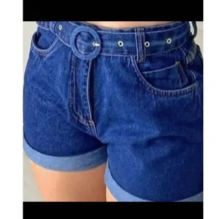 Shorts Jeans Mom Redonda Fivela Acompanha Cinto - Lançamento 2022 - Jeans marmorizado