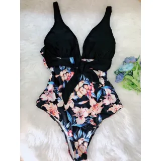 Moda praia floral: Maio com bojo removível, peça única 40-46 - Preto #2