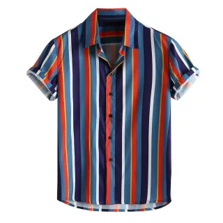 Camisa Casual de Verão com Botões, Manga Curta e Respirável - Blue,M