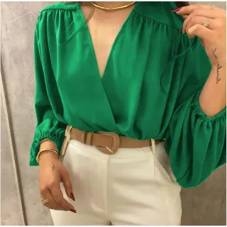 Blusa Solta Manga Longa Cropped Feminina Decote Bufante - Azul-Royal