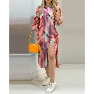 Vestido soltinho evangélico feminino manga comprida lapela estampado longo - Azul e Branco