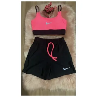Roupa de Academia Conjunto Fitness Feminino Blusa Top Shorts - PRETO/PRETO