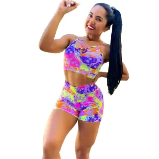 Conjunto Fitness Premium Top Feminino Estampado Ou Liso + Short para Academia - Estampa 01